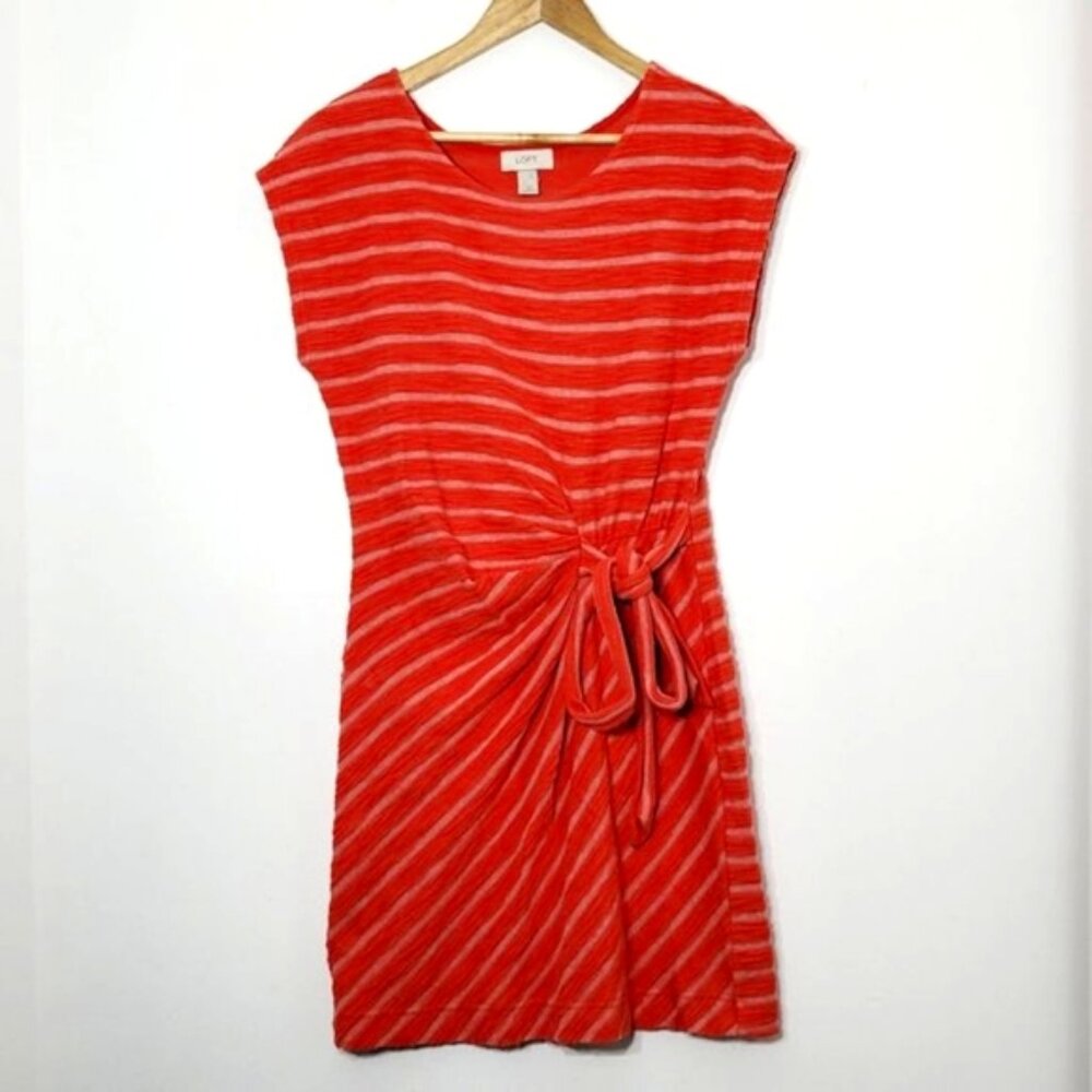 Loft Knit Mini Dress Cap Sleeve Side Tie Waist Orange Stripe Casual Scoop Neck